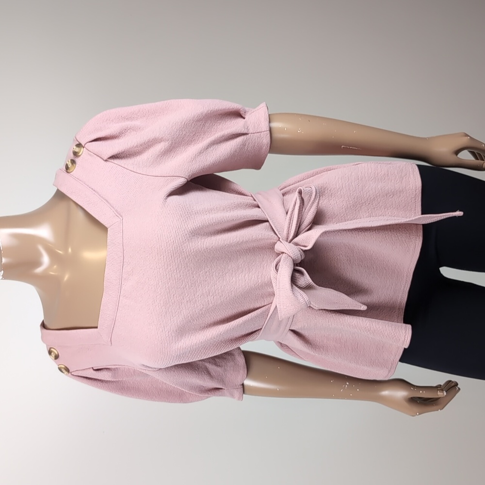 Current Air Barnette Top Tie Waist Puff Sleeve Square Neck Anthropologie Pink - Picture 4 of 11